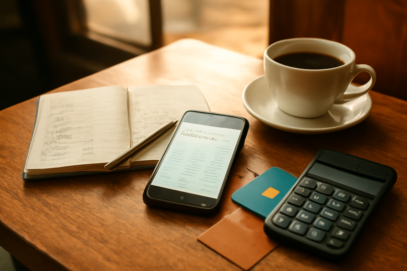Meja pemilik usaha kecil dengan dua kartu bank terpisah, buku catatan penjualan, dan ponsel berisi aplikasi mobile banking